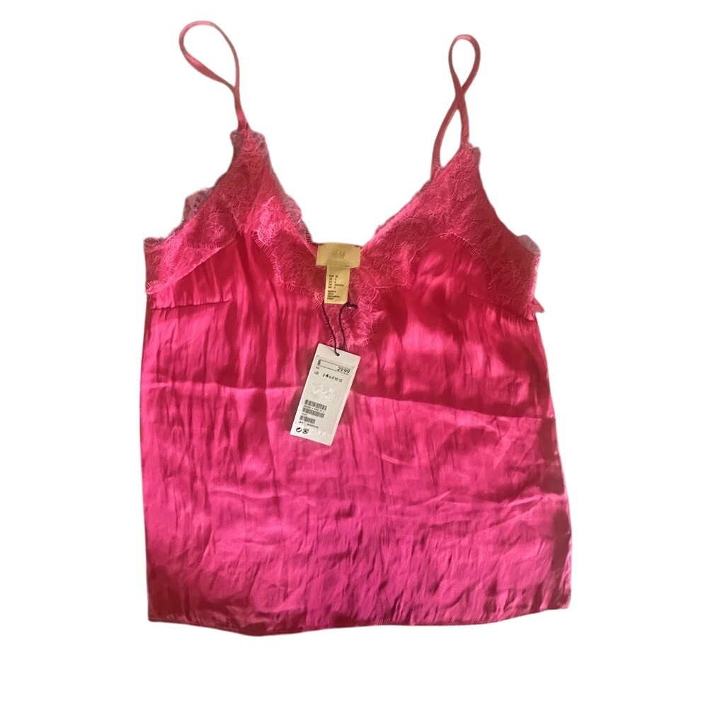 H&M Pink Satin Lace Trim Camisole Spaghetti Strap Tank Blouse -New -Size 2 -XS